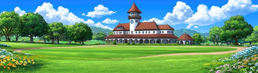 Wall Mural - Countryside manor, sunny day, game background