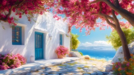 Wall Mural - Sunny Mediterranean house with vibrant flowers and ocean view.