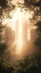 Wall Mural - Sunrise city skyline viewed through lush trees