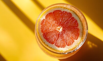 Poster - A vibrant grapefruit slice in a glass on a sunny yellow background casting a shadow creating an interesting contrast
