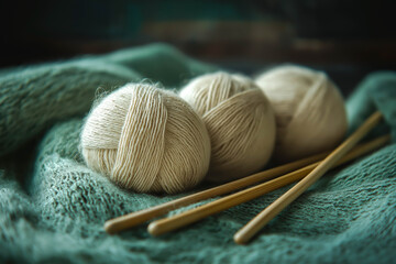 Skeins of wool yarn and knitting needles. Relaxing hobby - knitting.