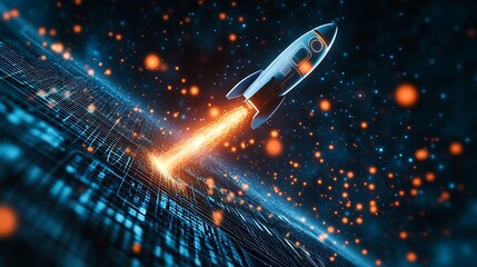 Poster - Futuristic rocket launching from digital grid, fiery trail, sparks, dark background.