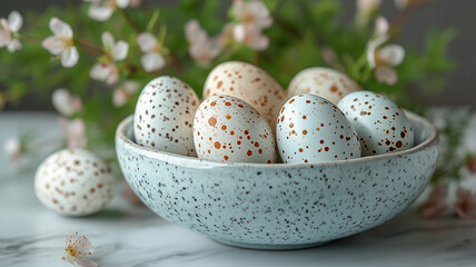 Sticker - Easter eggs in a white dish. Easter interior card.