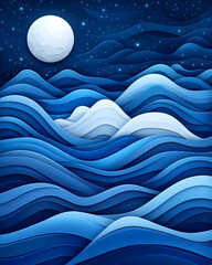 Canvas Print - Waves flow beneath moon and stars in serene, dreamlike night seascape design. Generative AI