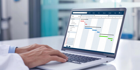 Poster - project planning software for brisk business project management on the computer screen showing timel