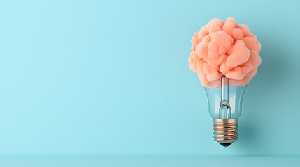 creative light bulb design featuring fluffy, pink brain symbolizes innovative thinking and ideas. This unique concept represents fusion of technology and creativity