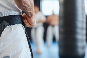 A martial artist tying his black belt, focus on the hand. Symbolizing expertise and dedication. Blurred background hints at a dojo setting.