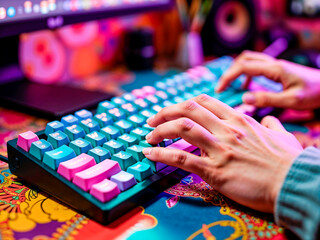 Manos usando teclado de colores en computadora gamer.