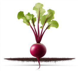 Fresh beetroot growing in soil on white background