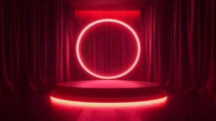 Wall Mural - Red neon circle stage with velvet curtains.