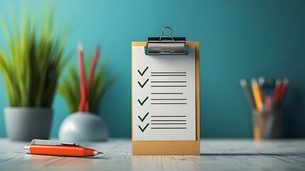 Poster - Checklist clipboard on desk with pen and pencils.