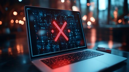 Aufkleber - red x error on laptop screen, digital code background, low light.