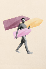 Aufkleber - Trend artwork sketch design montage collage of young man walk hold arrow smartphone road target graphics direction way showing achievement