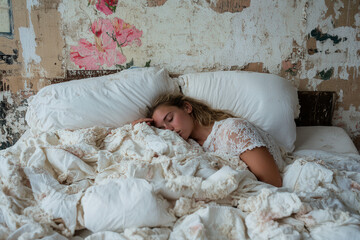 Young woman peacefully asleep in a disheveled bed with vintage decor