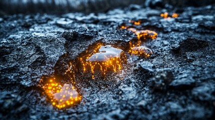 Poster - Ethereal glowing amber dots emanate from cracks in mysterious terrain nature close-up twilight enigmatic beauty