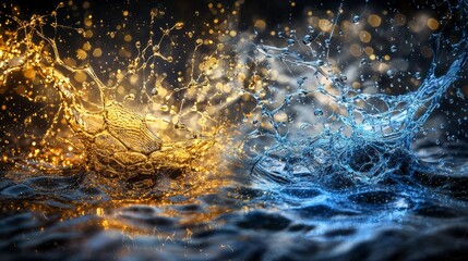 Fototapete - Golden and blue water droplets collide abstract art studio macro photography vibrant colors illuminating concept