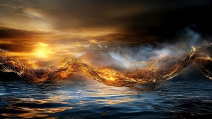 Leinwandbilder - Golden waves of light reflecting on water serene ocean digital artwork sunset aesthetic viewpoint tranquility concept