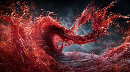 Poster - Swirling red-orange waves clash in a dark sea dynamic artwork abstract style dramatic perspective visual concept