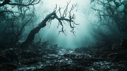 Poster - Whispers of vulnerability dark forest nature photography eerie environment low angle surreal concept