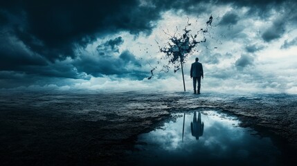 Aufkleber - Breaking tides of isolation human essence amidst nature’s struggle surreal landscape contemplative viewpoint