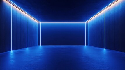 Wall Mural - A large, empty room with blue walls and blue lights