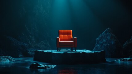 Wall Mural - A red chair is sitting on a rock in a dark cave