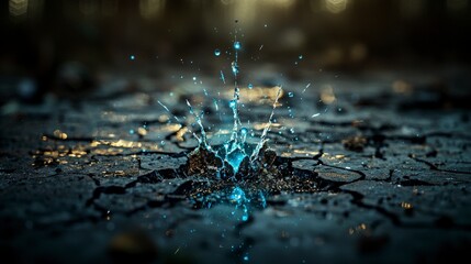 Poster - Water droplet impact cracked ground high-resolution image natural environment close-up view explosive beauty
