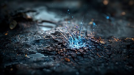 Poster - Tiny sapphire points of light emerge from cracks in an urban landscape macro photography captivating environment