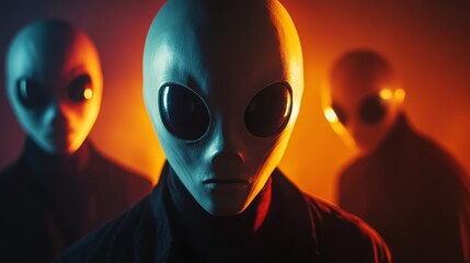 Wall Mural - Three aliens with glowing eyes stand in front of a red background