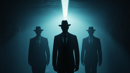 Sticker - Three men in suits and hats stand in a dark room