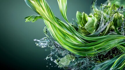 Poster - Vivid green streaks cut through water and leaves nature scene macro photography close-up dynamic movement