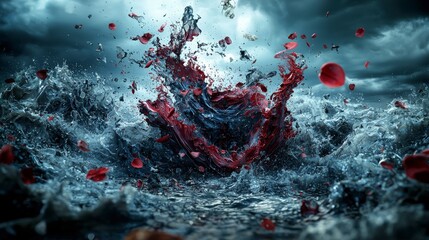 Poster - Emotion waves crashing over abstract canvas ocean digital art stormy atmosphere close-up artistic expression