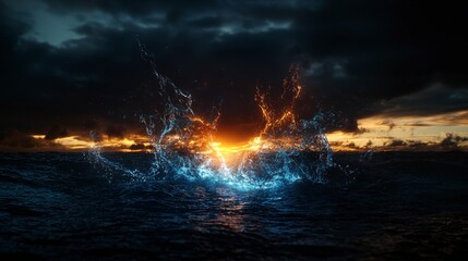 Poster - Dramatic ocean sunset splash seaside nature scene vibrant colors wide angle waves of shadowy vibrations