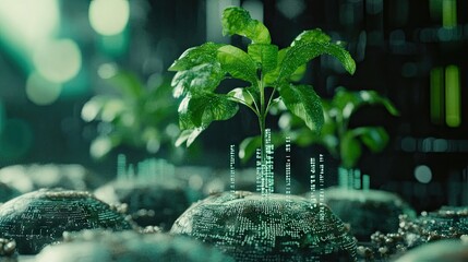 Poster - A futuristic ecosystem where DNA sequences and plants coexist in a digital environment.
