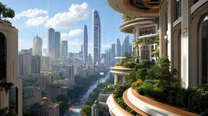 Poster - A futuristic smart city with digital data streams flowing between skyscrapers, symbolizing connectivity.