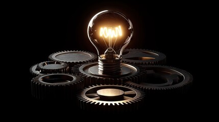 Poster - A glowing lightbulb surrounded by interconnected gears, symbolizing innovation, teamwork, and business creativity.