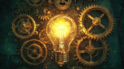 Poster - A glowing lightbulb surrounded by interconnected gears, symbolizing innovation, teamwork, and business creativity.