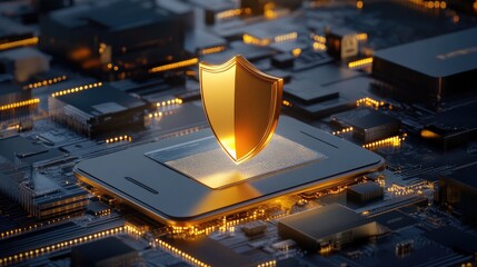 Poster - A glowing shield icon over a digital banking app, representing online payment security and encryption.