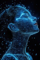 Poster - A futuristic portrait of a woman with a glowing, network-like overlay, symbolizing connection, technology, and inner peace.