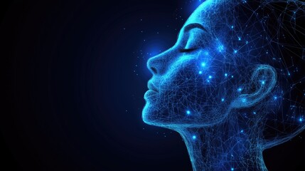 Poster - A digital representation of a woman's profile, illuminated with blue lines and dots, symbolizing technology, innovation, and the connection between humanity and AI.