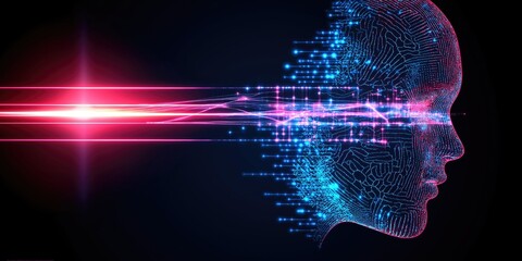 Poster - A digital representation of a human profile with glowing circuitry, symbolizing the intersection of technology and humanity in a vibrant, futuristic landscape.