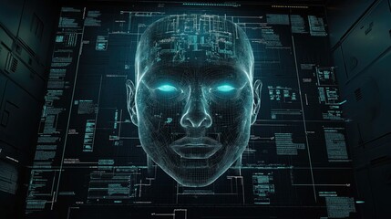 Poster - A holographic representation of a human face with glowing eyes, surrounded by digital data, symbolizing advanced technology and artificial intelligence.