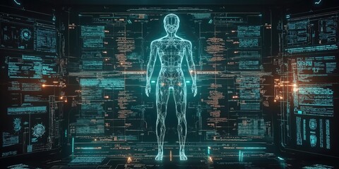 Poster - A holographic representation of the human body surrounded by digital data, symbolizing innovation, technology, and the future of medicine.