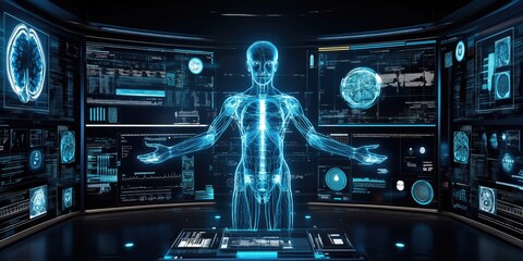 Poster - A holographic representation of the human body surrounded by data screens, showcasing advanced technology and medical insights.