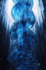 Poster - A stunning blue spiral structure illuminated in a modern architectural space, symbolizing innovation, technology, and creativity.