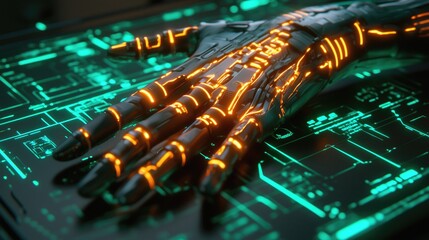 Poster - A close-up of a sleek, illuminated robotic hand resting on a digital interface, symbolizing innovation, technology, and the future of human-machine interaction.