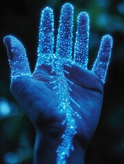 Poster - A close-up of a hand illuminated with blue glowing particles, symbolizing technology, connection, and creativity in a digital age.