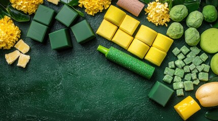 Poster - Green and yellow food cubes, flowers, leaves, dark background.  Food photography, recipe, blog