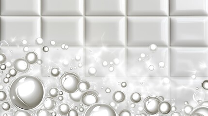 Fototapete - A clean, modern design featuring white tiles and shimmering bubbles, evoking freshness, tranquility, and a sense of purity.
