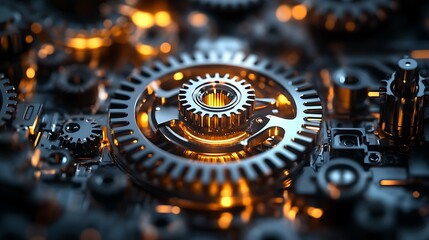 Poster - Close-up of intricate metallic gears illuminated with warm light, showcasing complex engineering and precision mechanics.